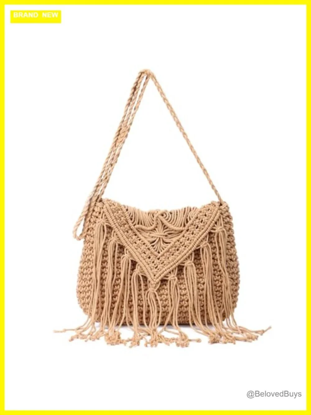 Handwoven Crochet Tassel Fringe Shoulder Bag with Zipper Closure